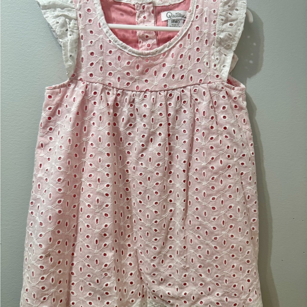 Quiltex White Eyelet Sundress, Coral Lining + Diaper Cover, Baby Girl Size 18M